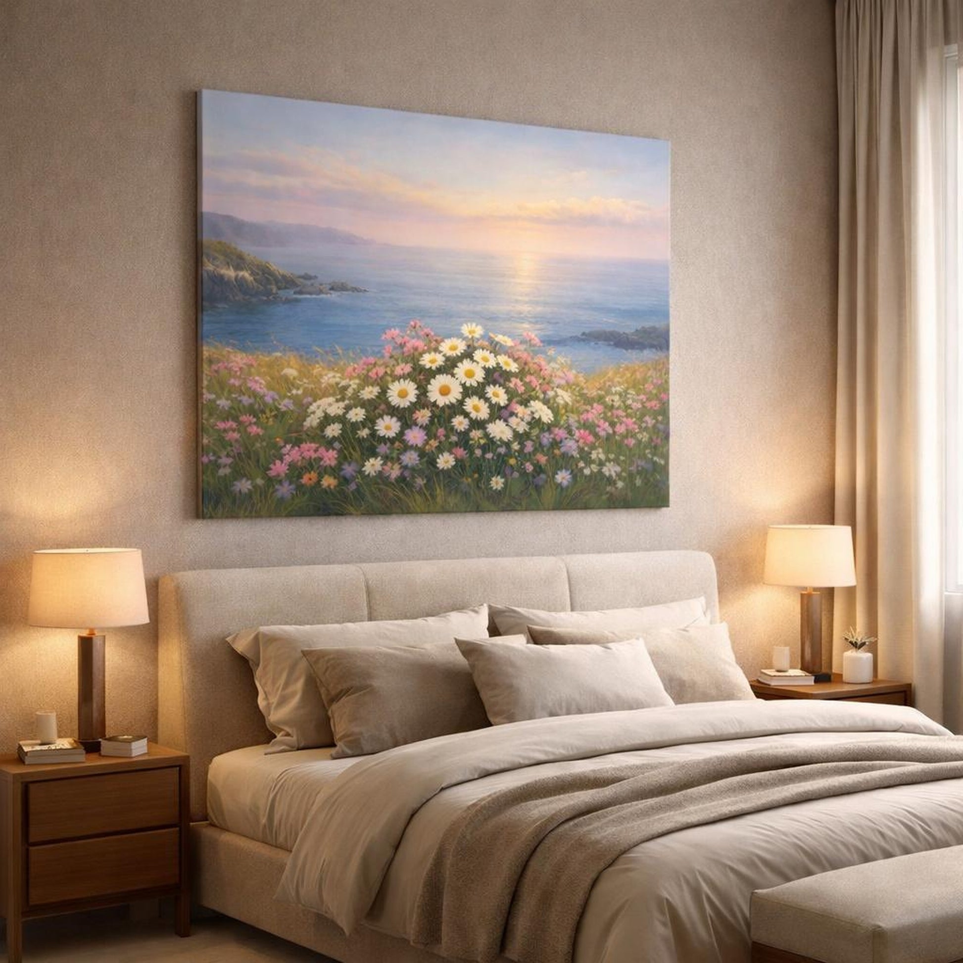 Seascape Meadow Flowers shown as canvas wall art in a luxury bedroom
