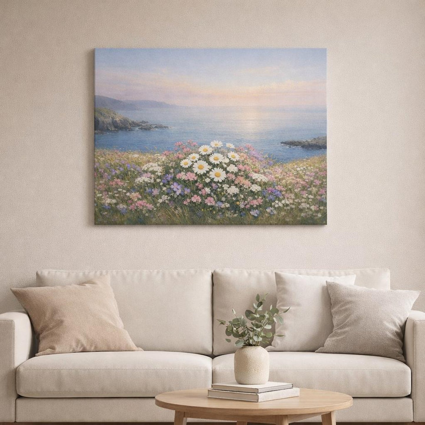 Seascape Meadow Flowers shown as canvas wall art in a refined dining room