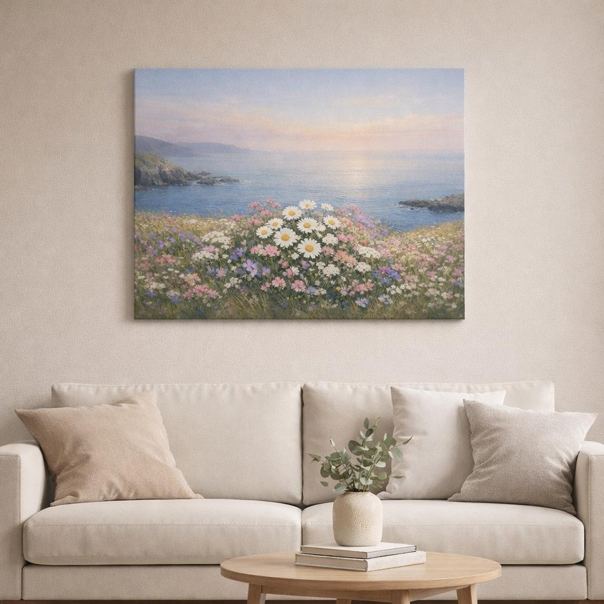 Seascape Meadow Flowers shown as canvas wall art in a refined dining room
