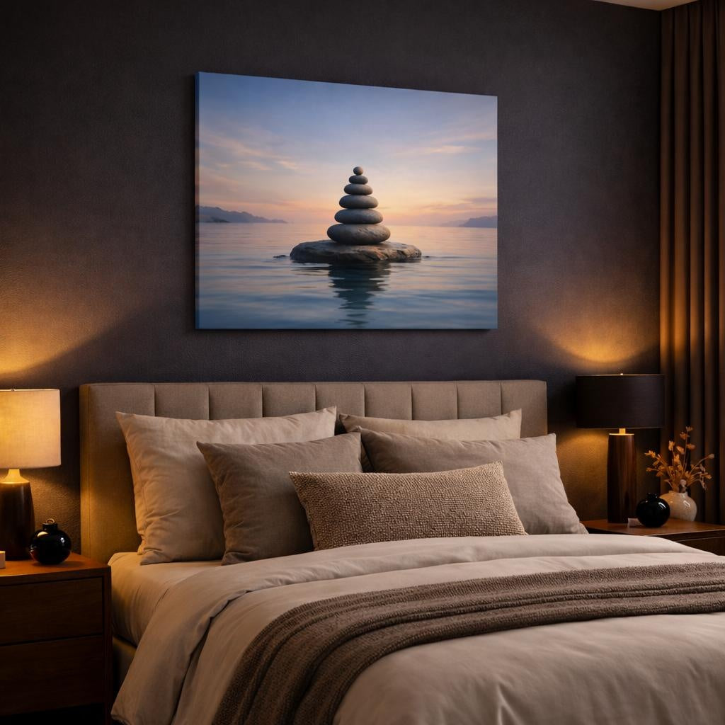 Seascape Meditation Stones shown as canvas wall art in a luxury bedroom