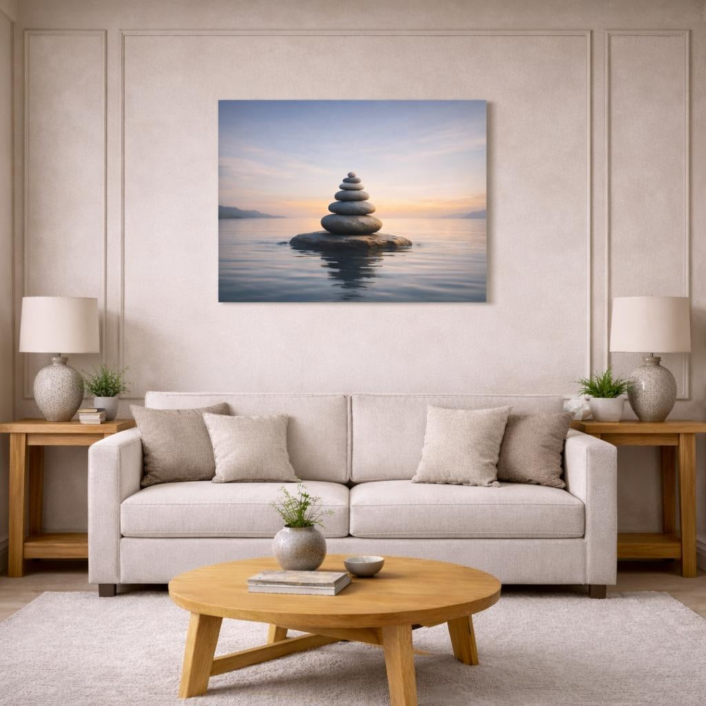 Seascape Meditation Stones shown as canvas wall art in a modern living room