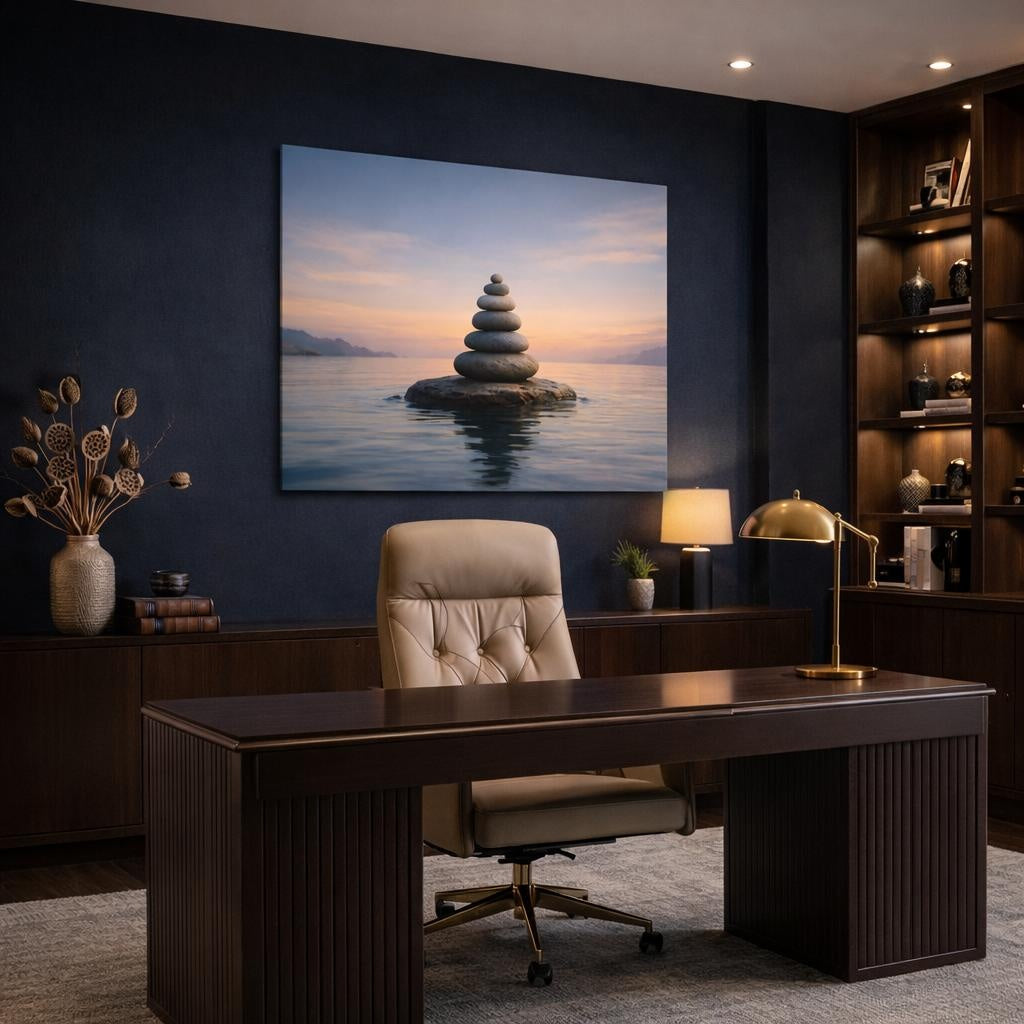 Seascape Meditation Stones shown as canvas wall art in a refined dining room