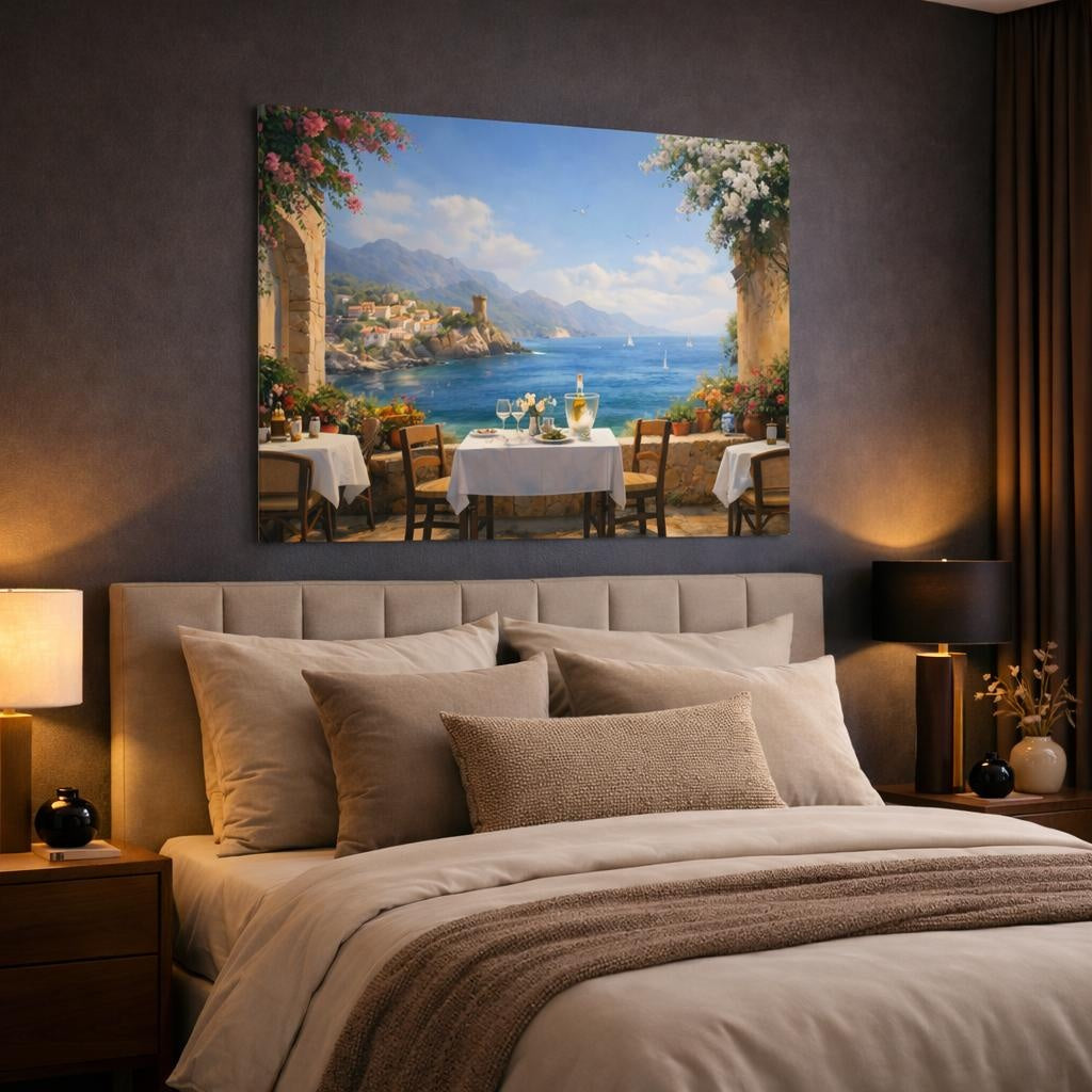 Seascape Mediterranean Cafe Terrace shown as canvas wall art in a luxury bedroom