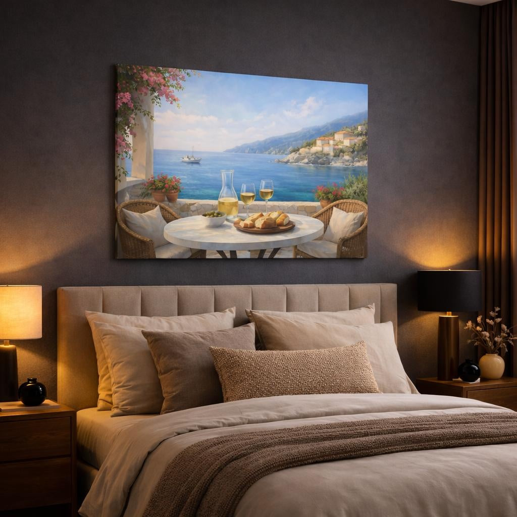 Seascape Mediterranean Cafe Terrace shown as canvas wall art in a luxury bedroom