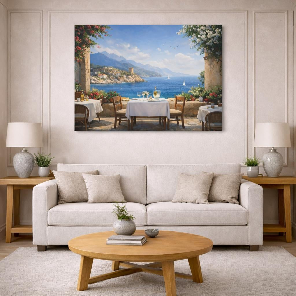 Seascape Mediterranean Cafe Terrace shown as canvas wall art in a modern living room