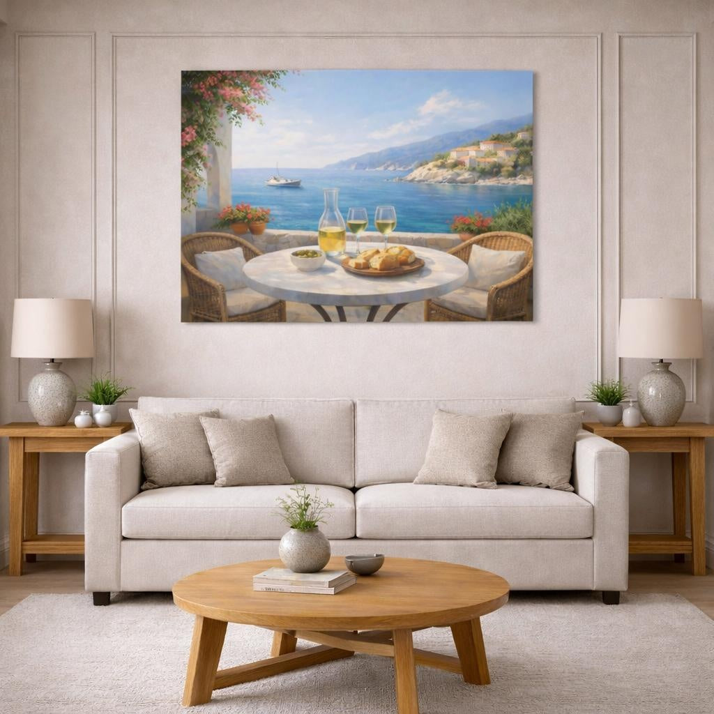 Seascape Mediterranean Cafe Terrace shown as canvas wall art in a modern living room