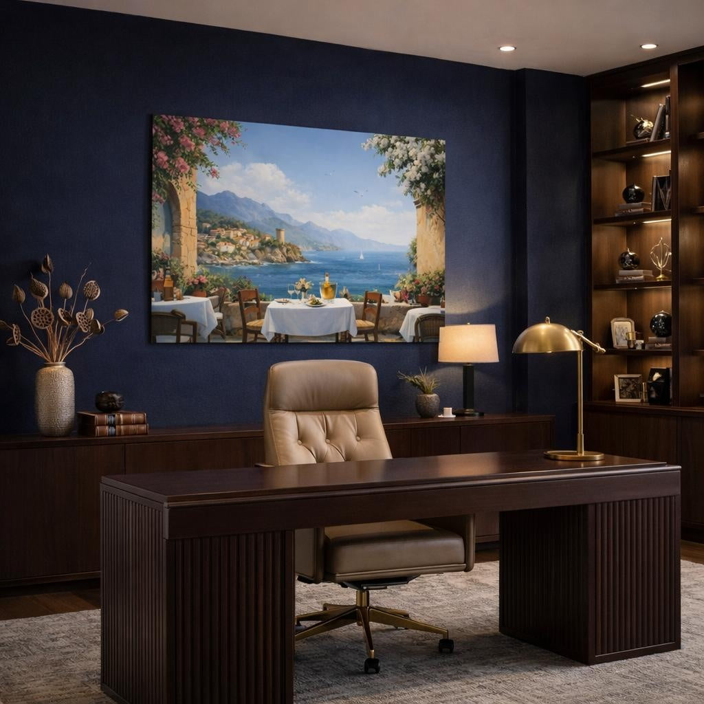 Seascape Mediterranean Cafe Terrace shown as canvas wall art in a refined dining room