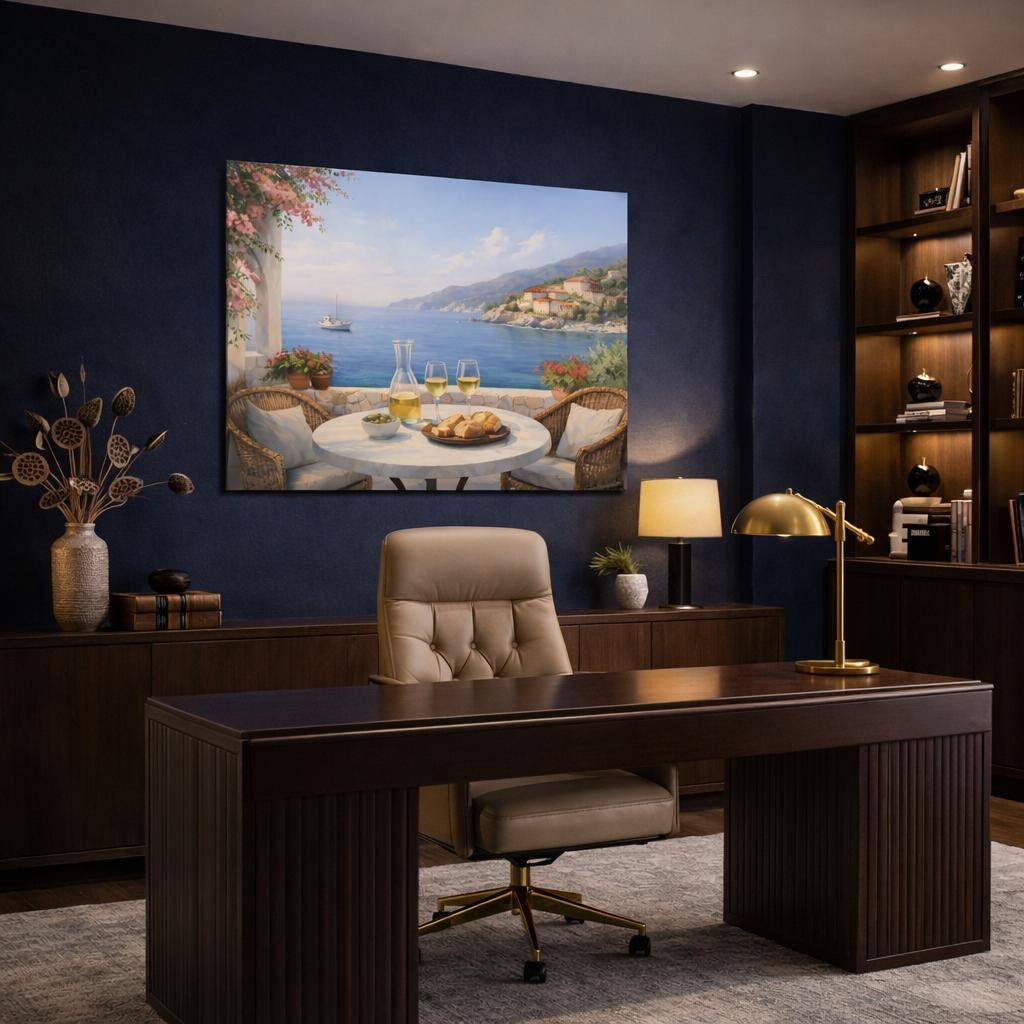Seascape Mediterranean Cafe Terrace shown as canvas wall art in a refined dining room