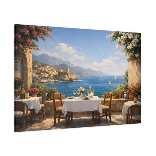 Seascape Mediterranean Cafe Terrace shown as stretched canvas wall art