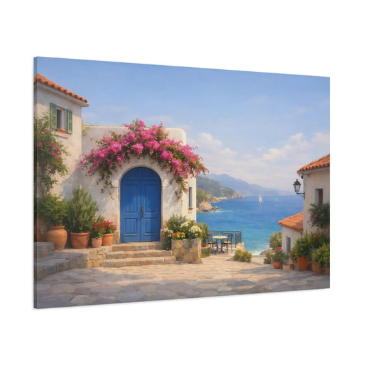 Main Mockup. Seascape Mediterranean Village Street shown as stretched canvas wall art