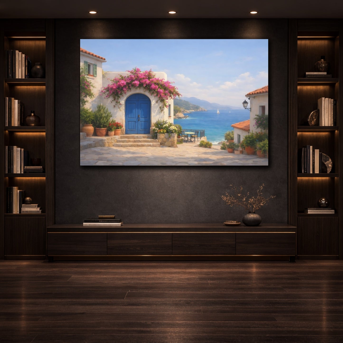 Mockup 2. Seascape Mediterranean Village Street shown as stretched canvas wall art