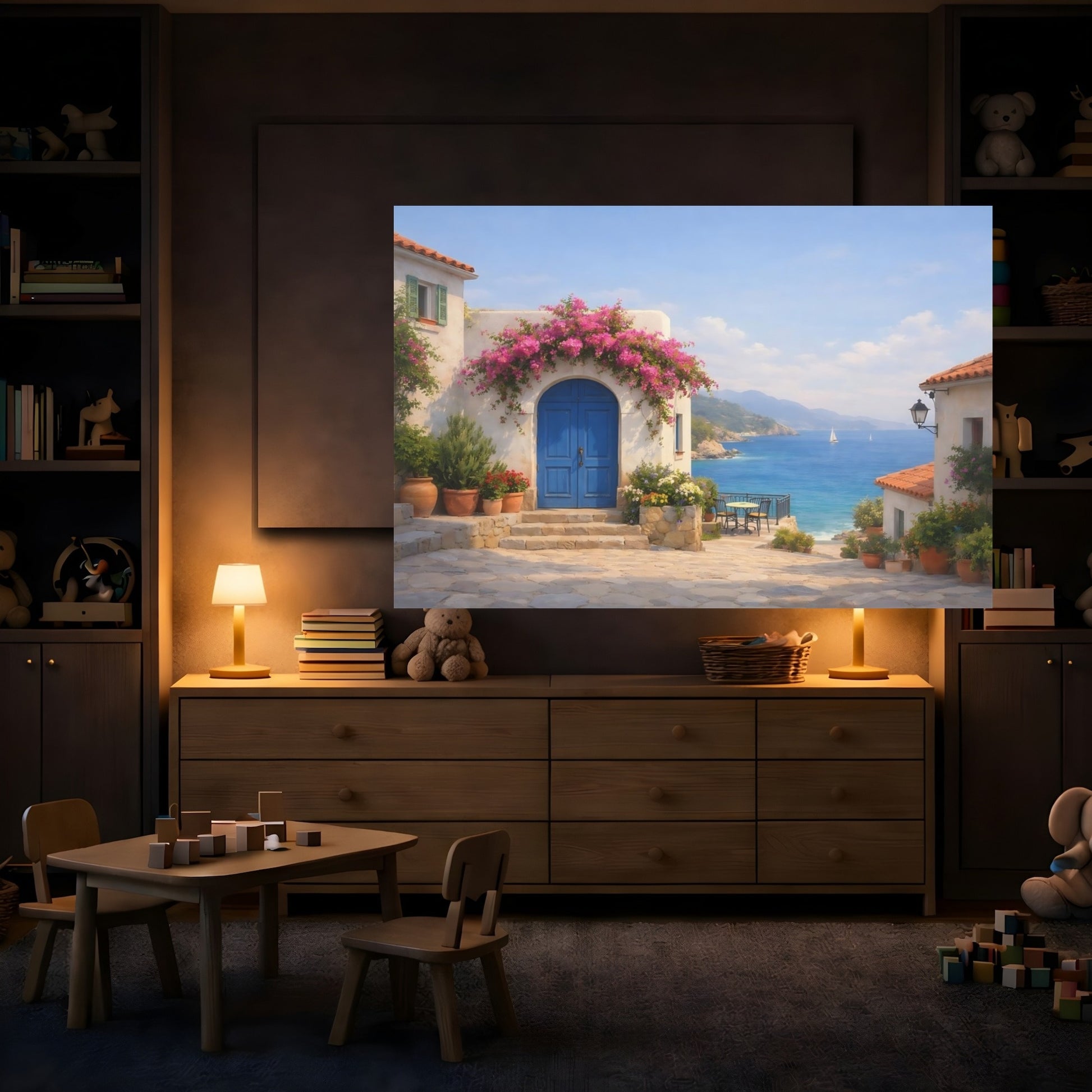 Mockup 3. Seascape Mediterranean Village Street shown as stretched canvas wall art