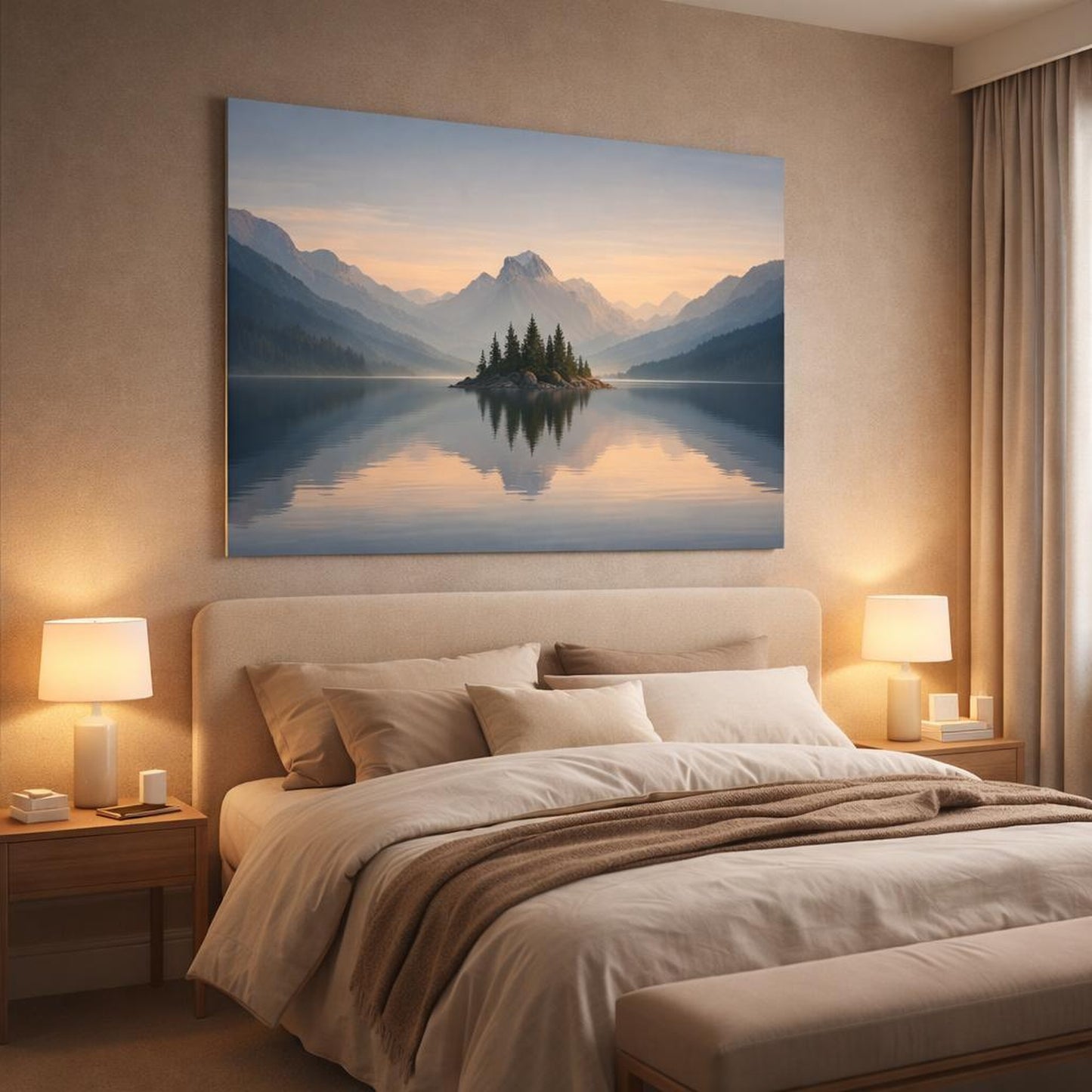Seascape Mountain Lake shown as canvas wall art in a luxury bedroom