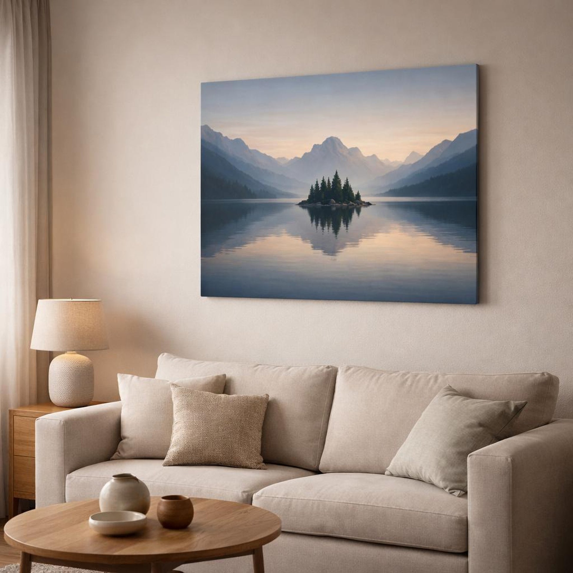 Seascape Mountain Lake shown as canvas wall art in a modern living room