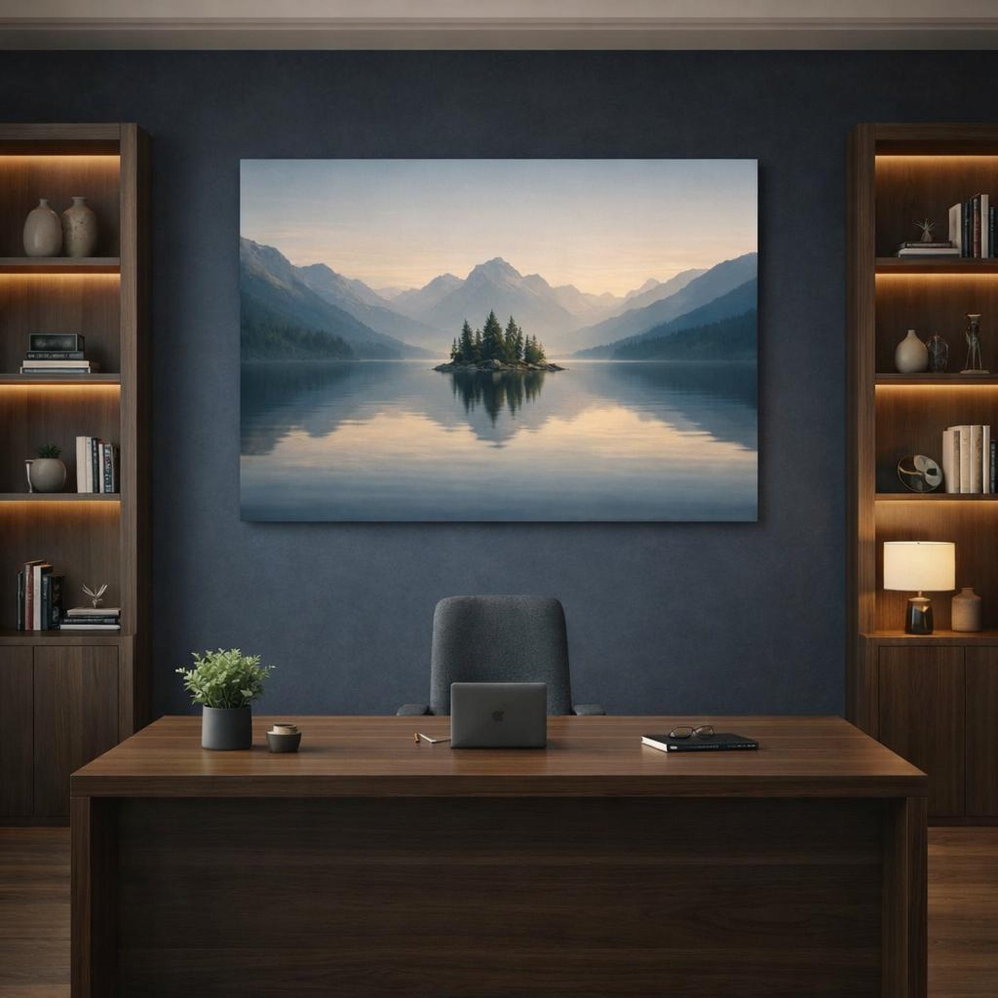 Seascape Mountain Lake shown as canvas wall art in a refined dining room