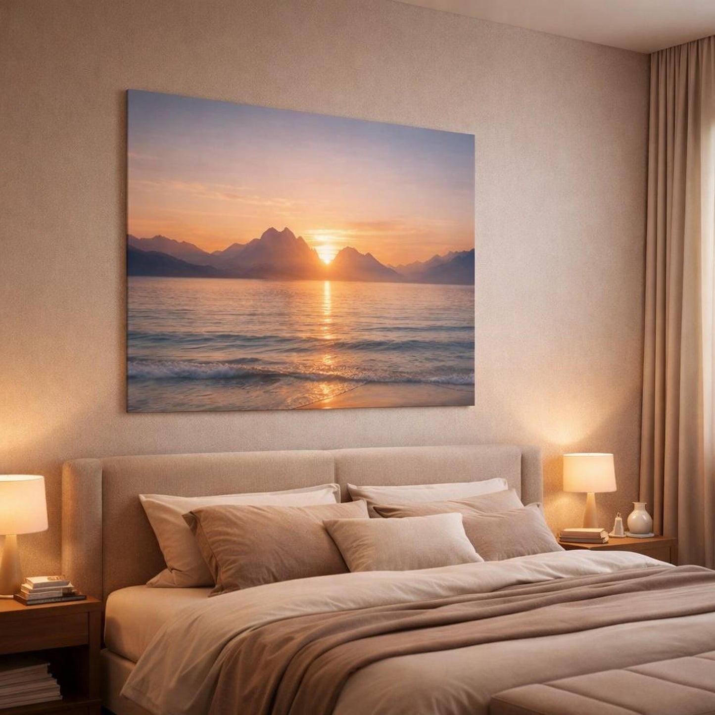 Seascape Mountain Sunrise shown as canvas wall art in a luxury bedroom