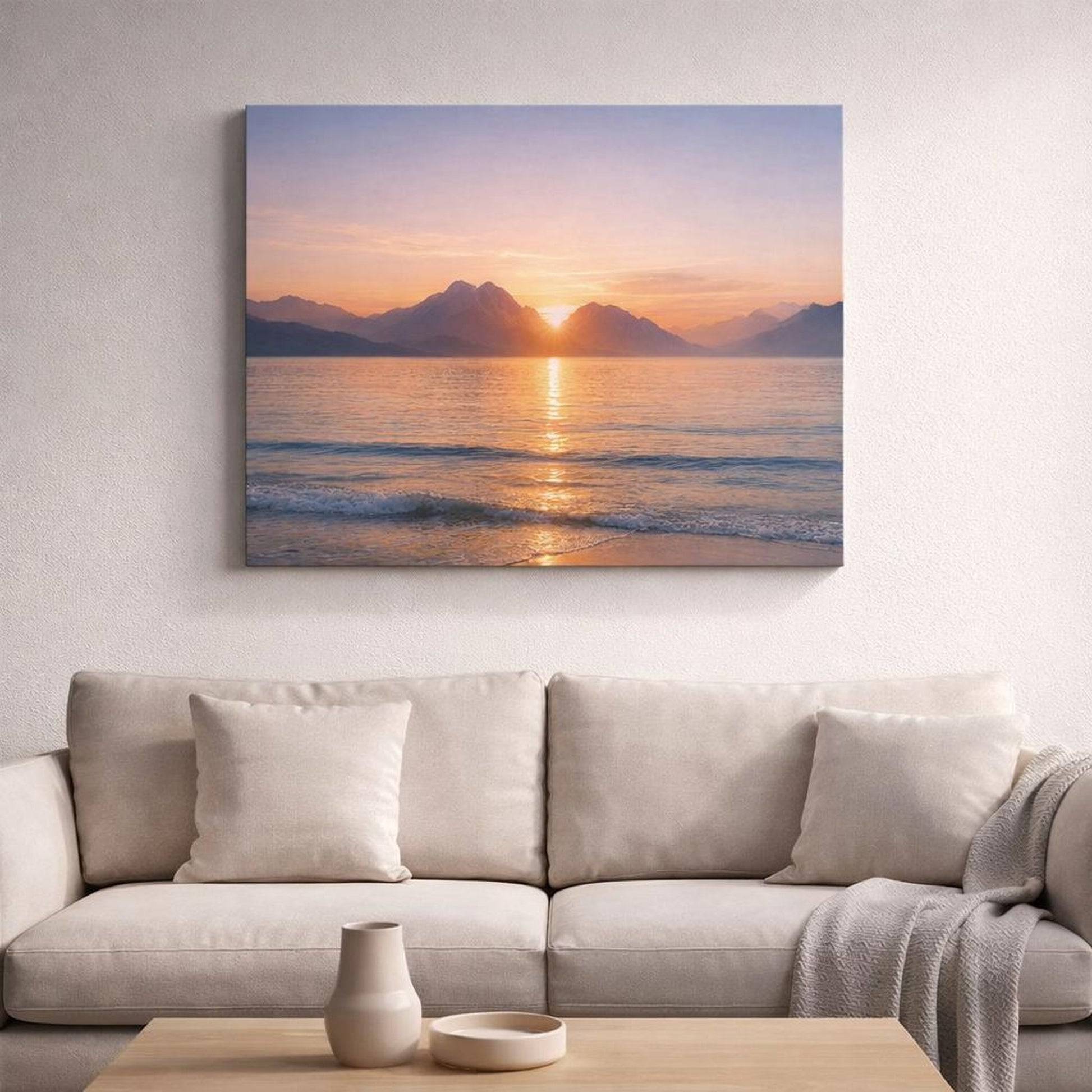 Seascape Mountain Sunrise shown as canvas wall art in a refined dining room