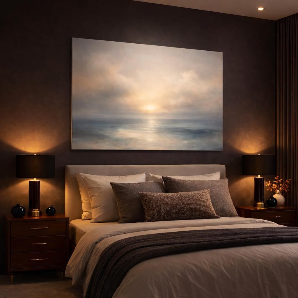 Seascape Neutral Abstract shown as canvas wall art in a luxury bedroom