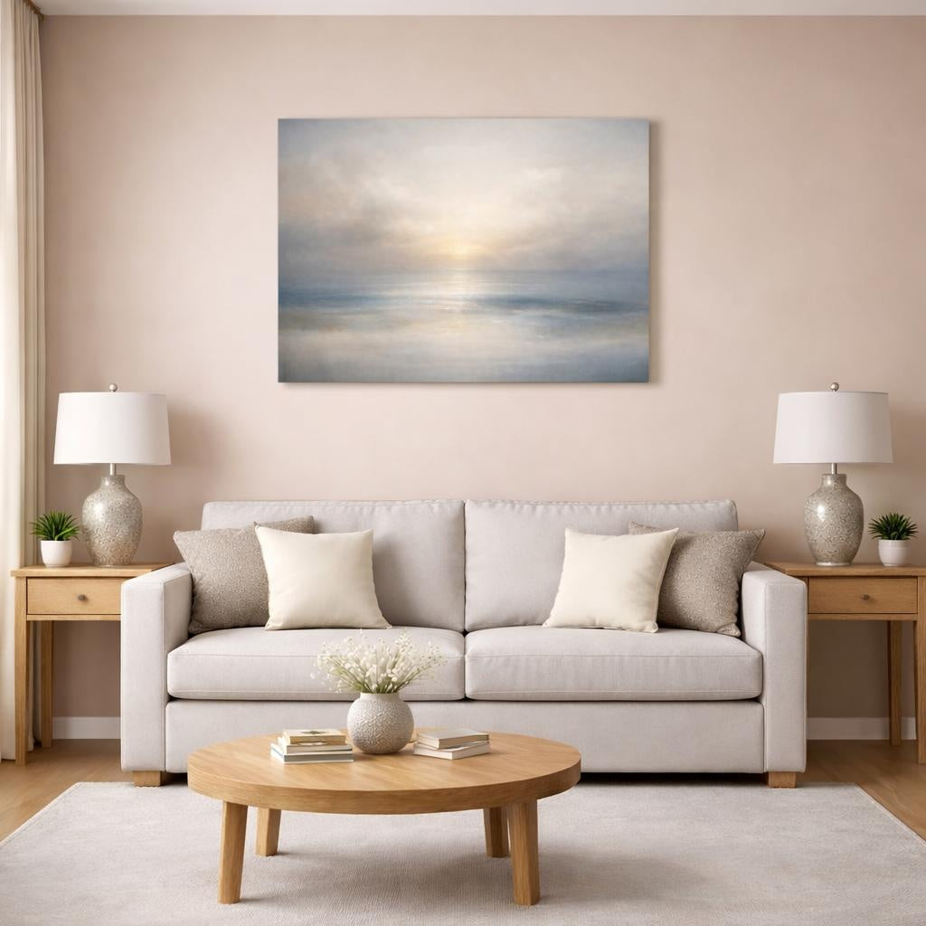 Seascape Neutral Abstract shown as canvas wall art in a modern living room
