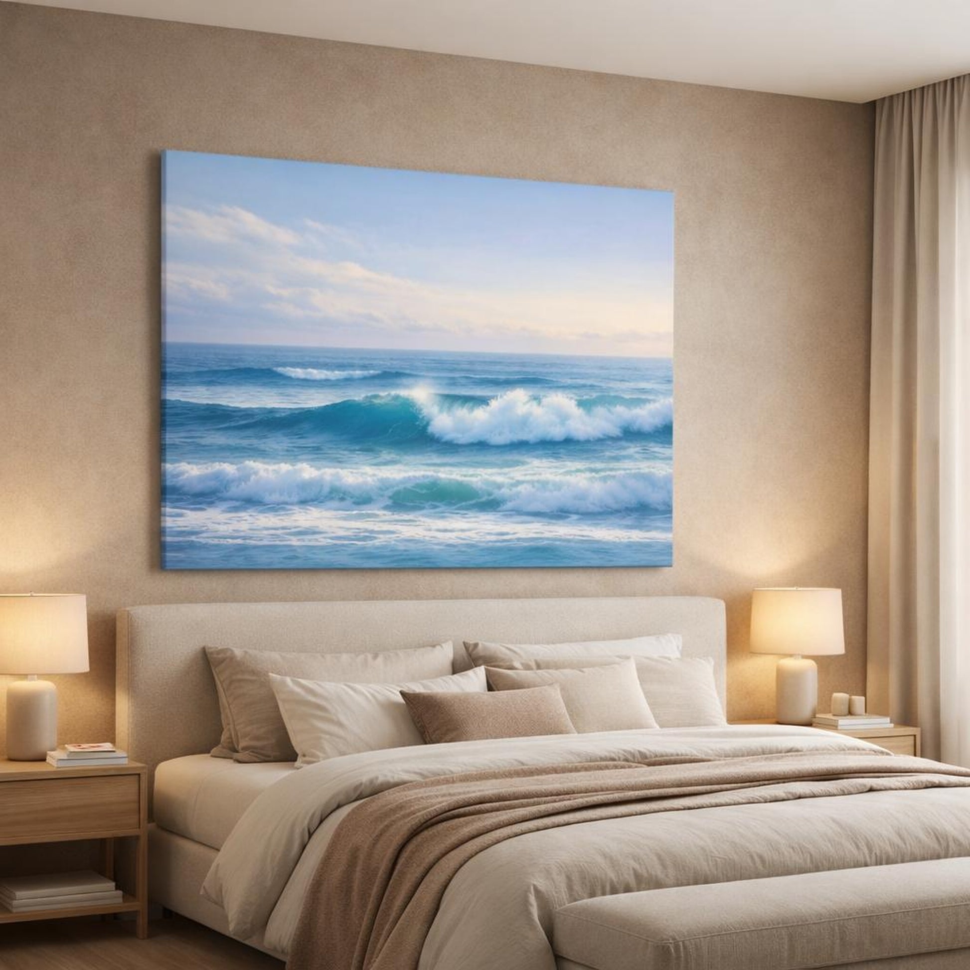 Seascape Ocean Waves shown as canvas wall art in a luxury bedroom