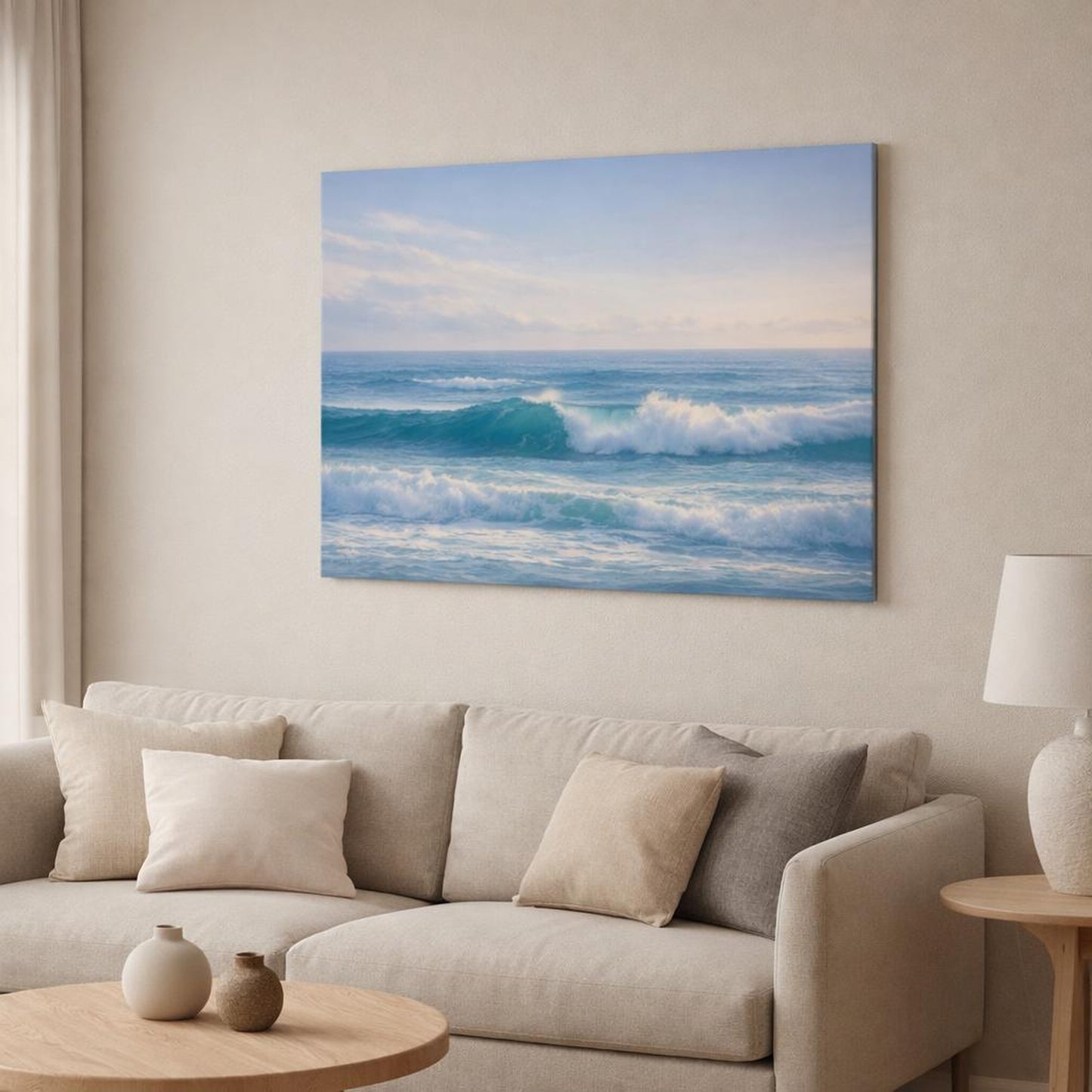 Seascape Ocean Waves shown as canvas wall art in a modern living room