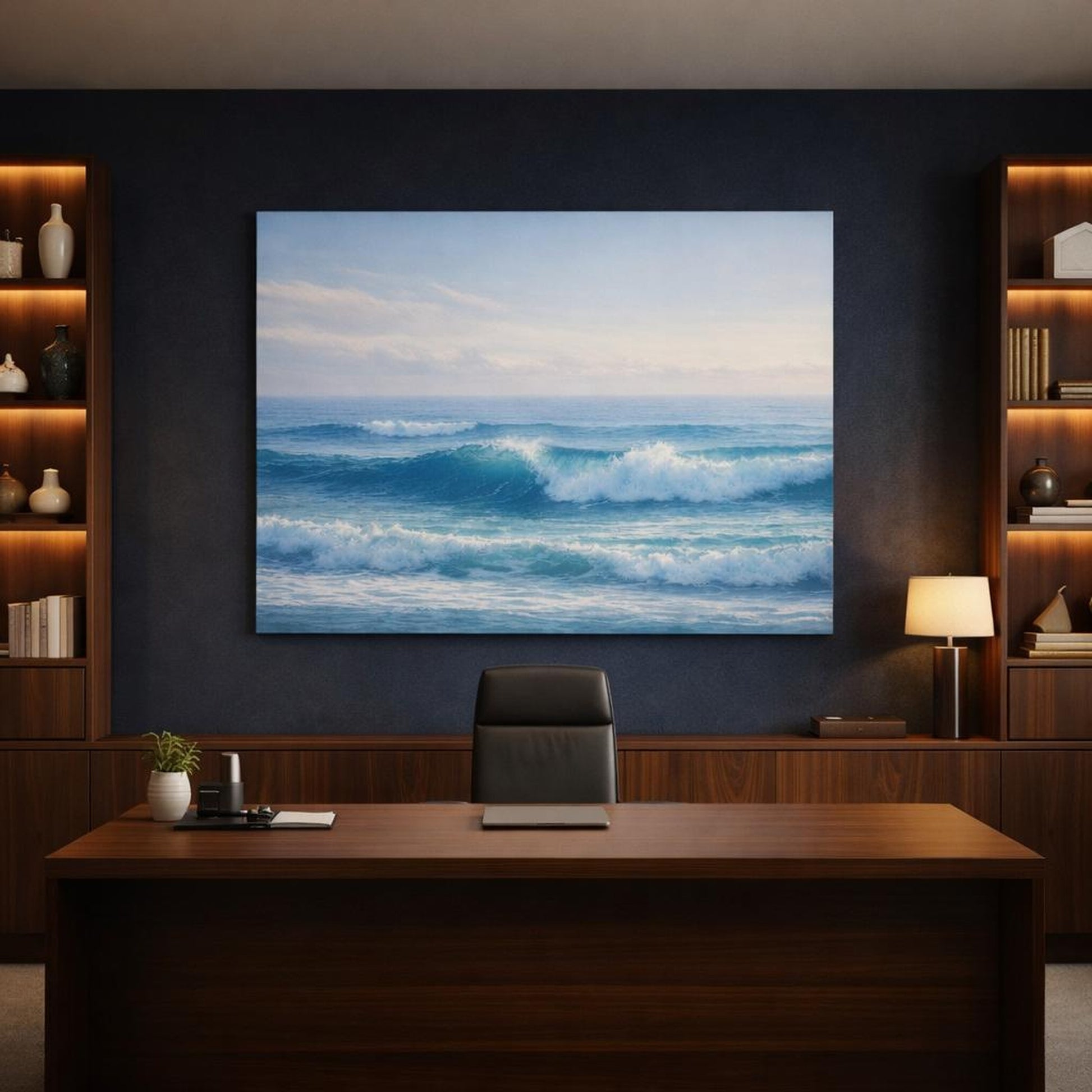 Seascape Ocean Waves shown as canvas wall art in a refined dining room