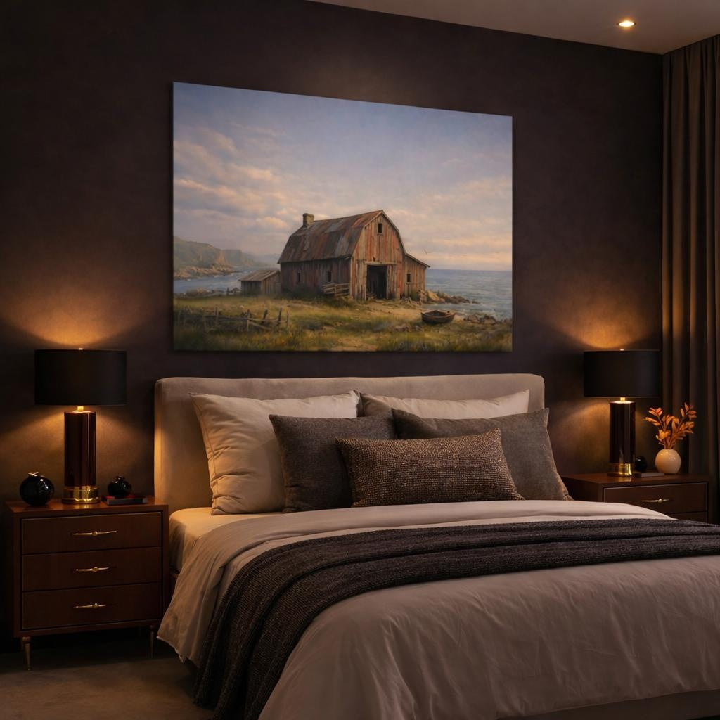 Seascape Old Barn shown as canvas wall art in a luxury bedroom