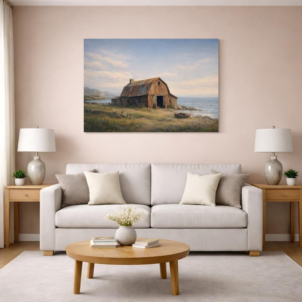 Seascape Old Barn shown as canvas wall art in a modern living room