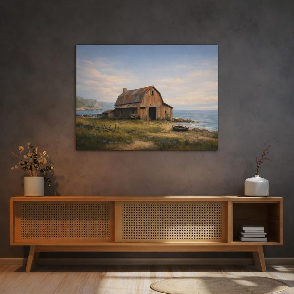 Seascape Old Barn shown as canvas wall art in a refined dining room