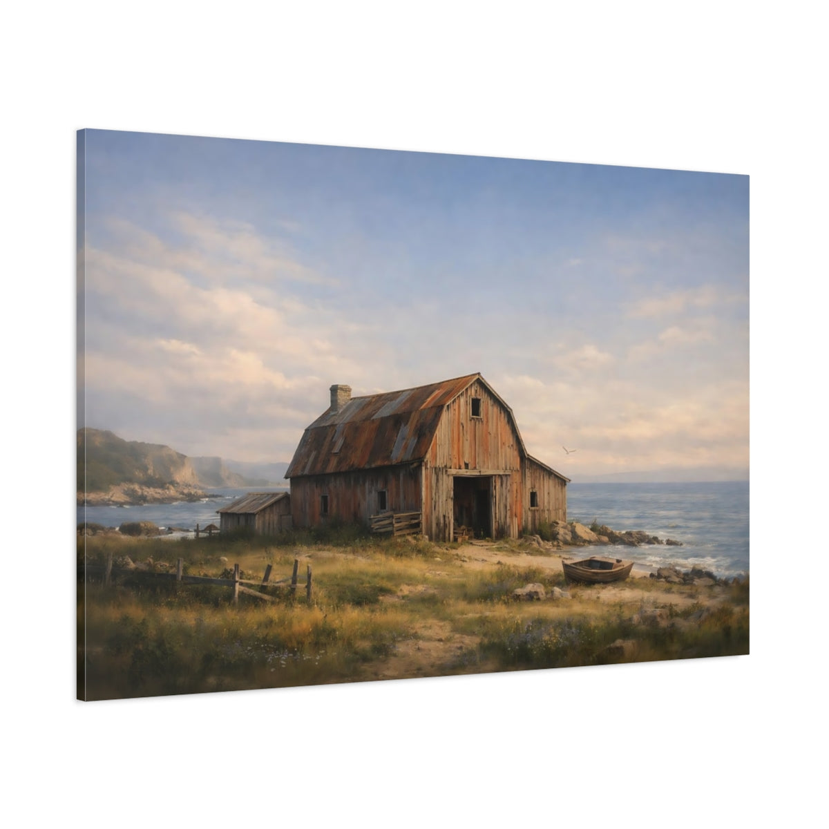 Seascape Old Barn shown as stretched canvas wall art