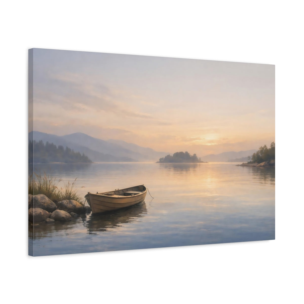 Side Mockup 2. Seascape Peaceful Lake shown as stretched canvas wall art