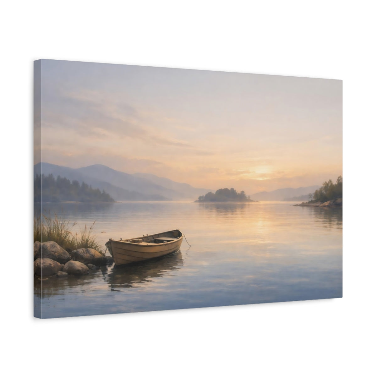 Side Mockup 3. Seascape Peaceful Lake shown as stretched canvas wall art