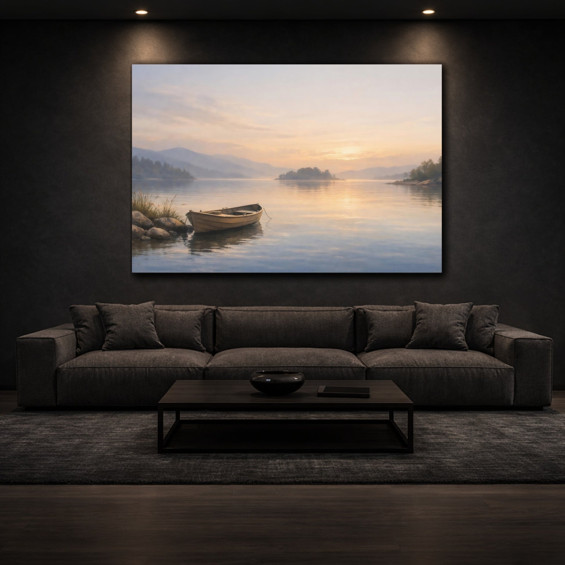 Mockup 2. Seascape Peaceful Lake shown as stretched canvas wall art