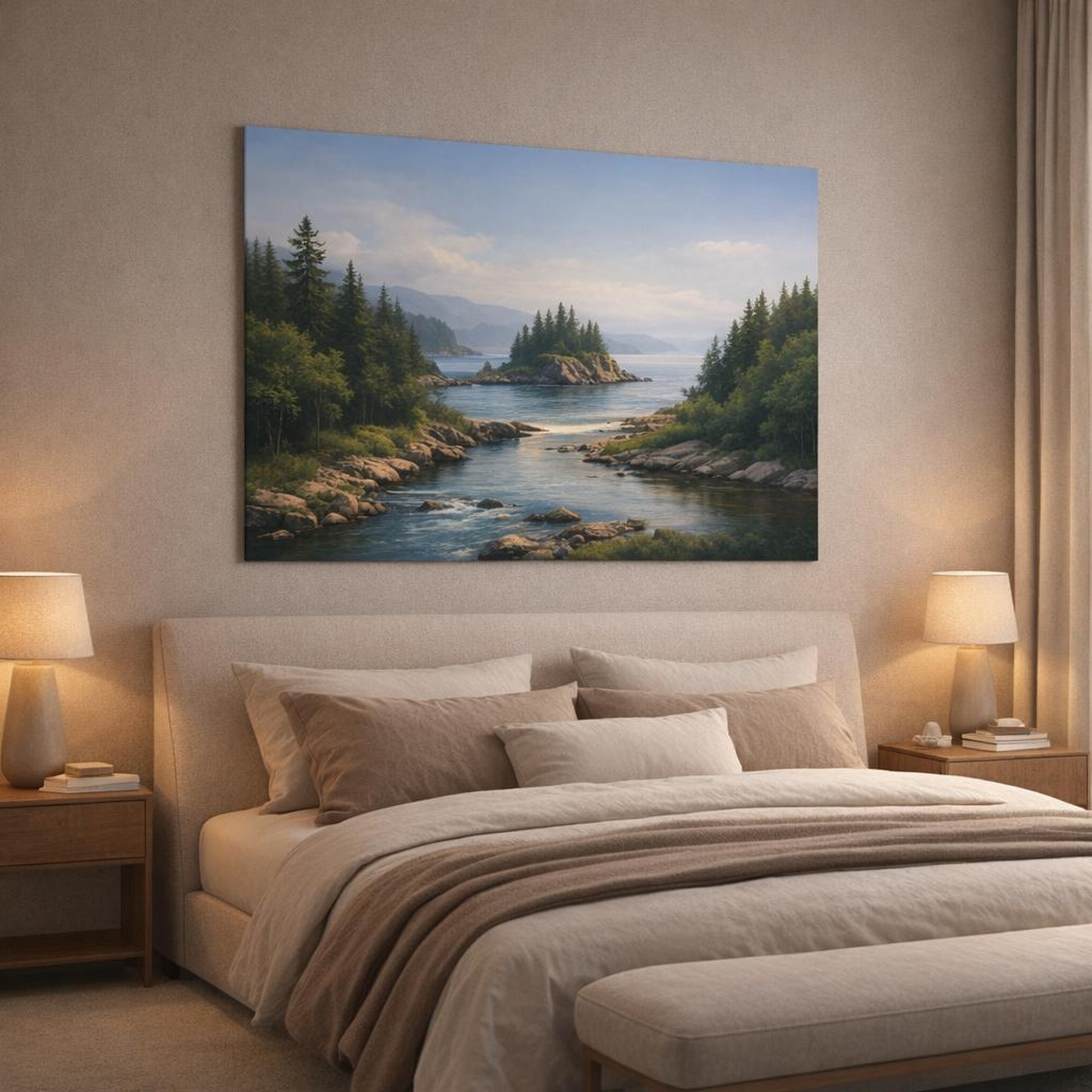 Seascape River Forest shown as canvas wall art in a luxury bedroom