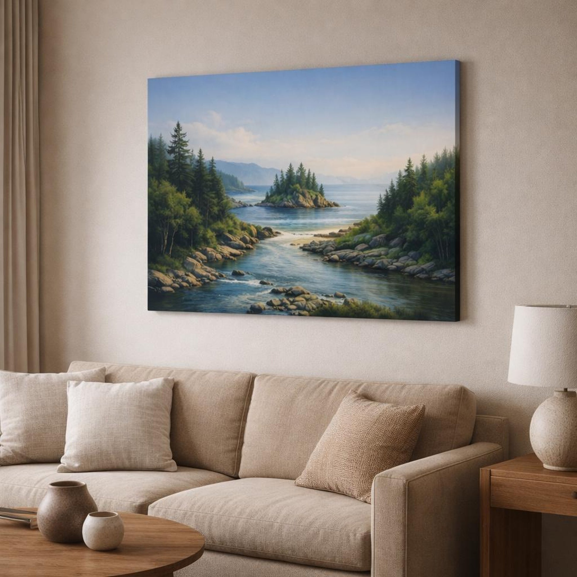 Seascape River Forest shown as canvas wall art in a modern living room
