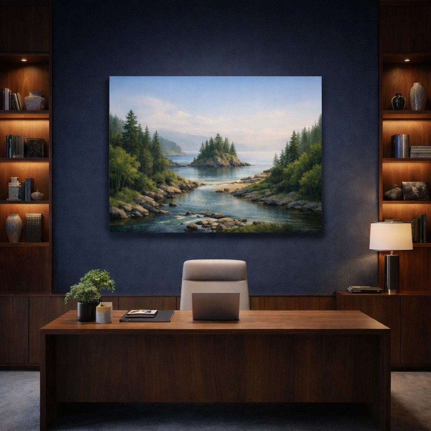 Seascape River Forest shown as canvas wall art in a refined dining room