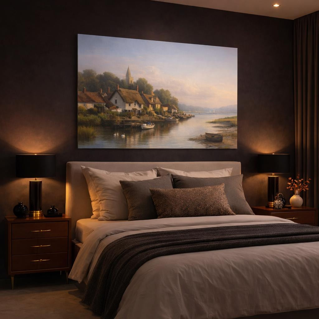 Seascape Riverside Village shown as canvas wall art in a luxury bedroom