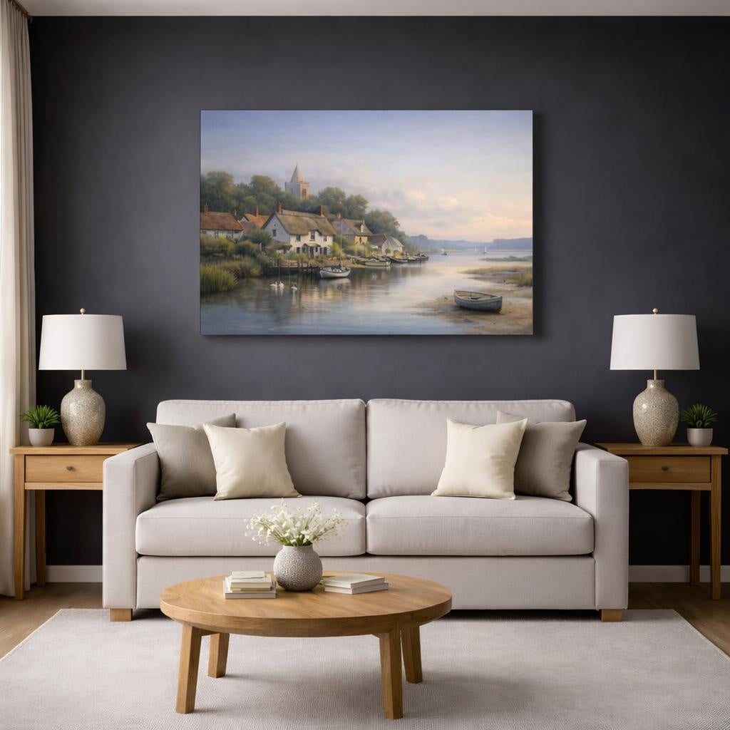 Seascape Riverside Village shown as canvas wall art in a modern living room