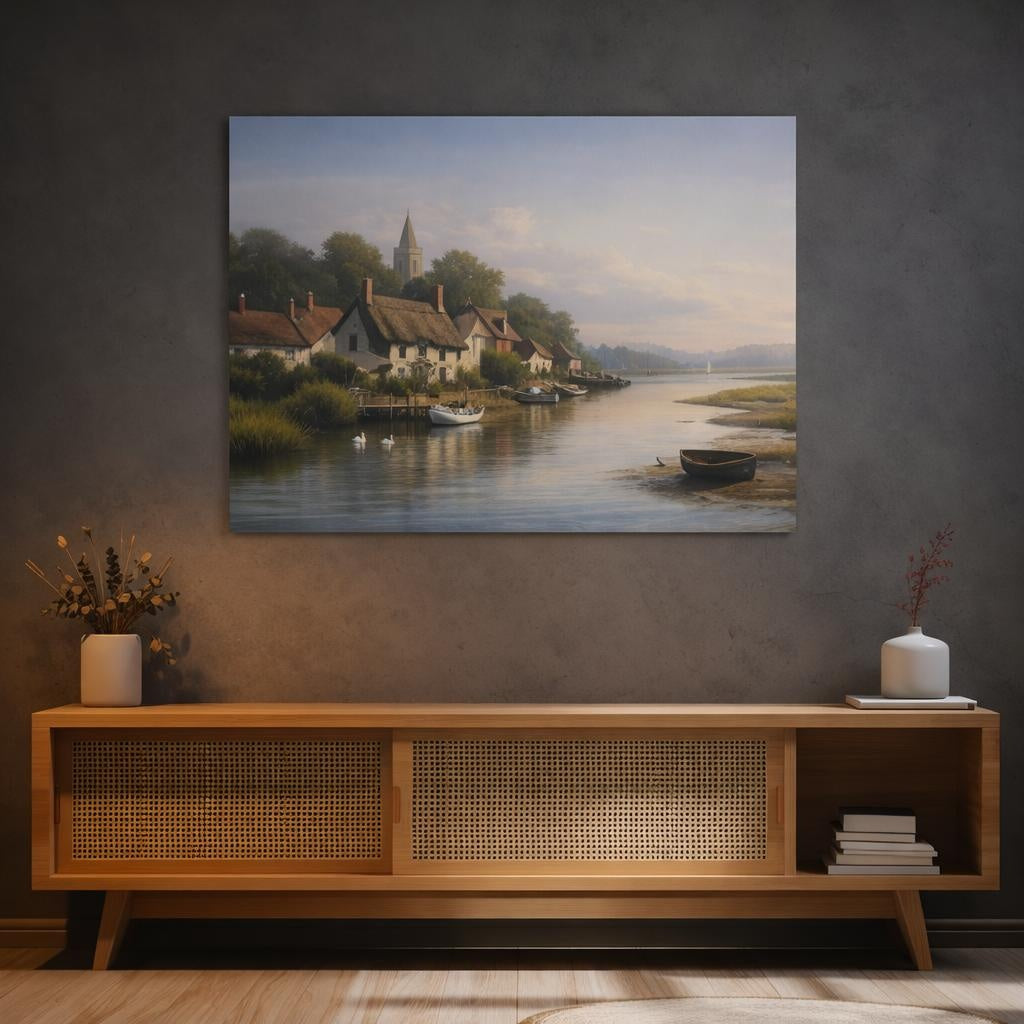 Seascape Riverside Village shown as canvas wall art in a refined dining room