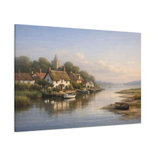 Seascape Riverside Village shown as stretched canvas wall art