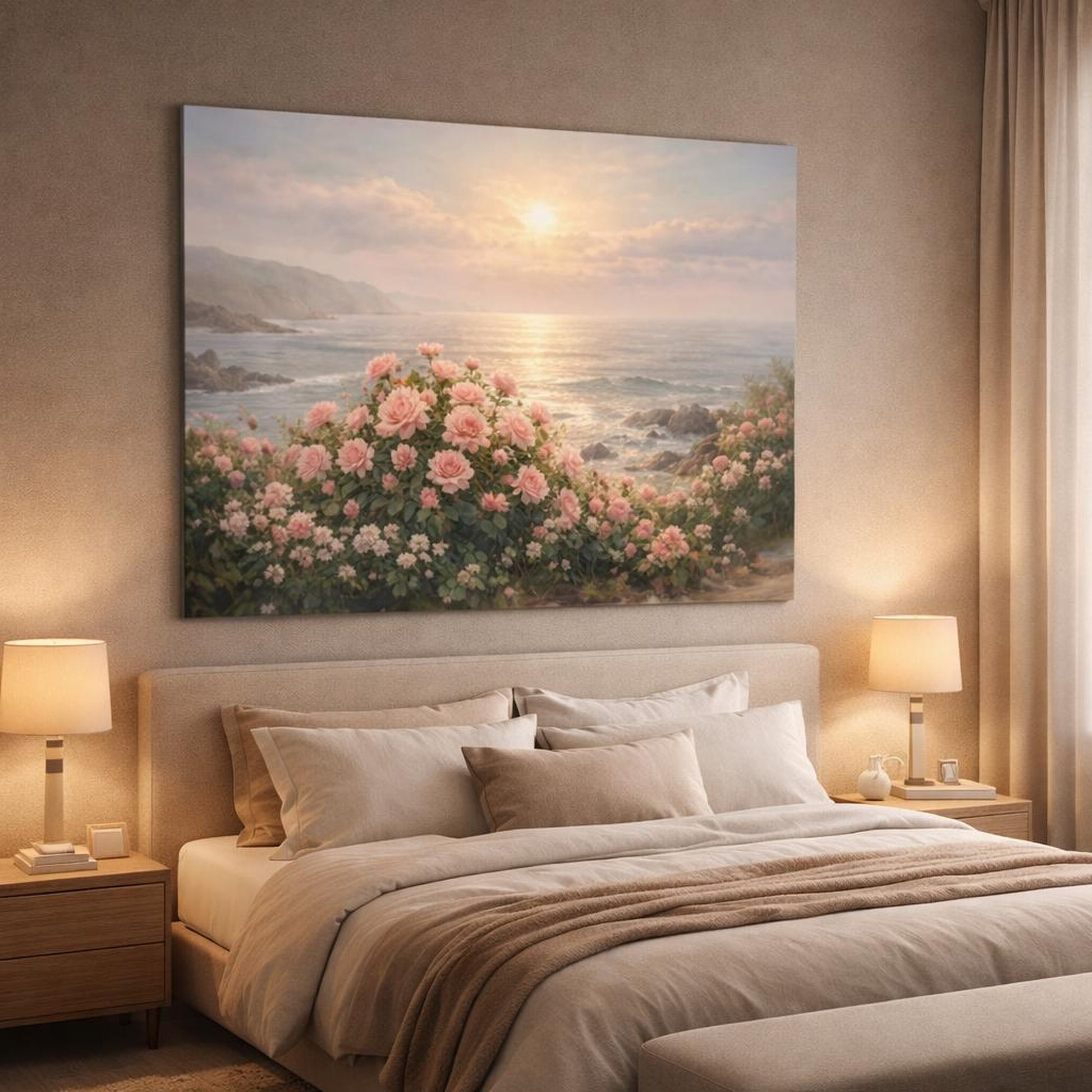 Seascape Rose Garden shown as canvas wall art in a luxury bedroom