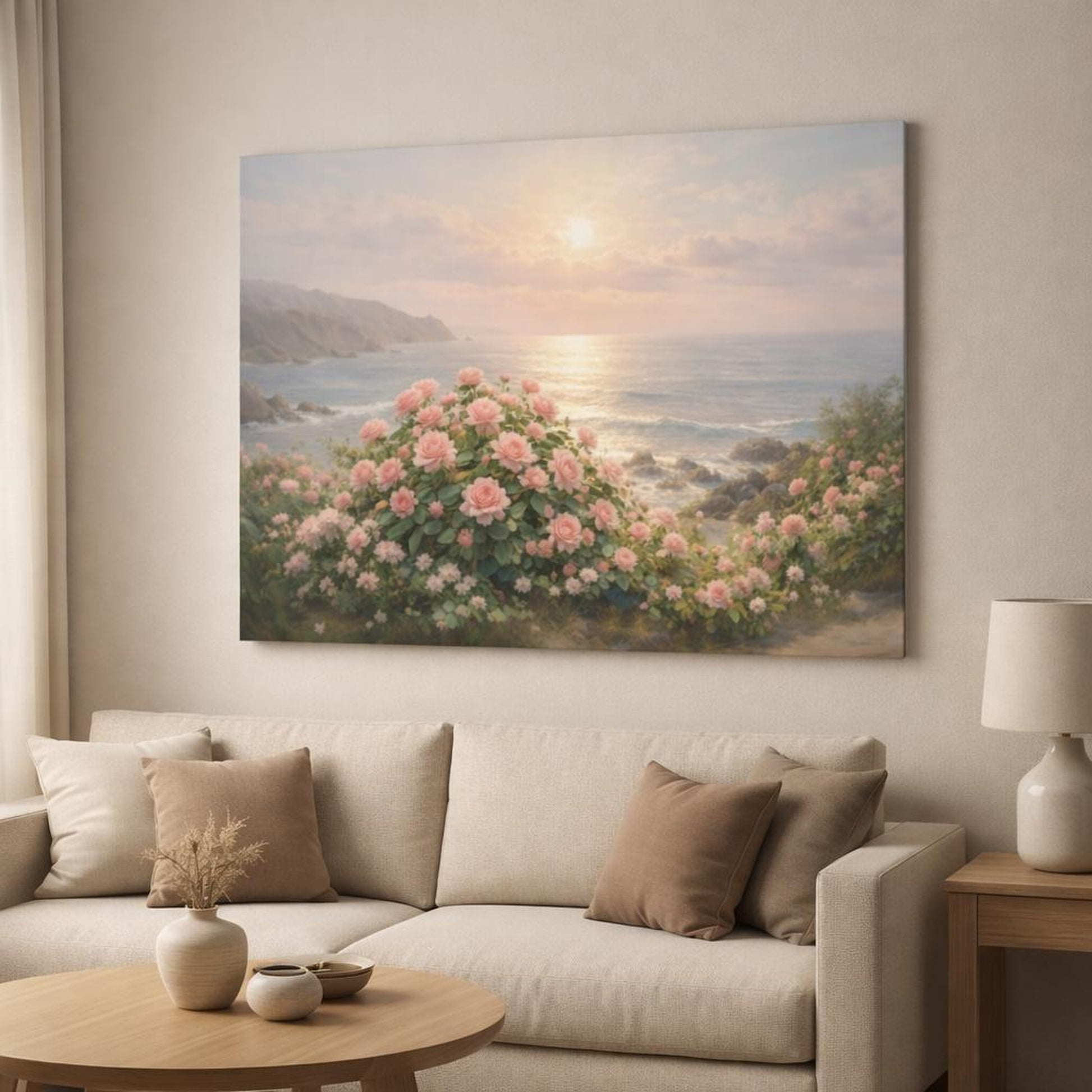Seascape Rose Garden shown as canvas wall art in a modern living room