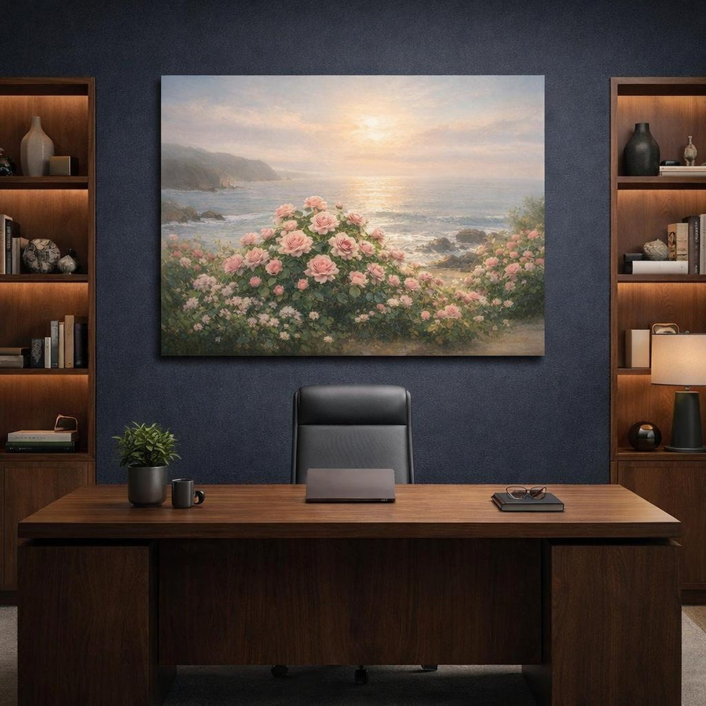 Seascape Rose Garden shown as canvas wall art in a refined dining room