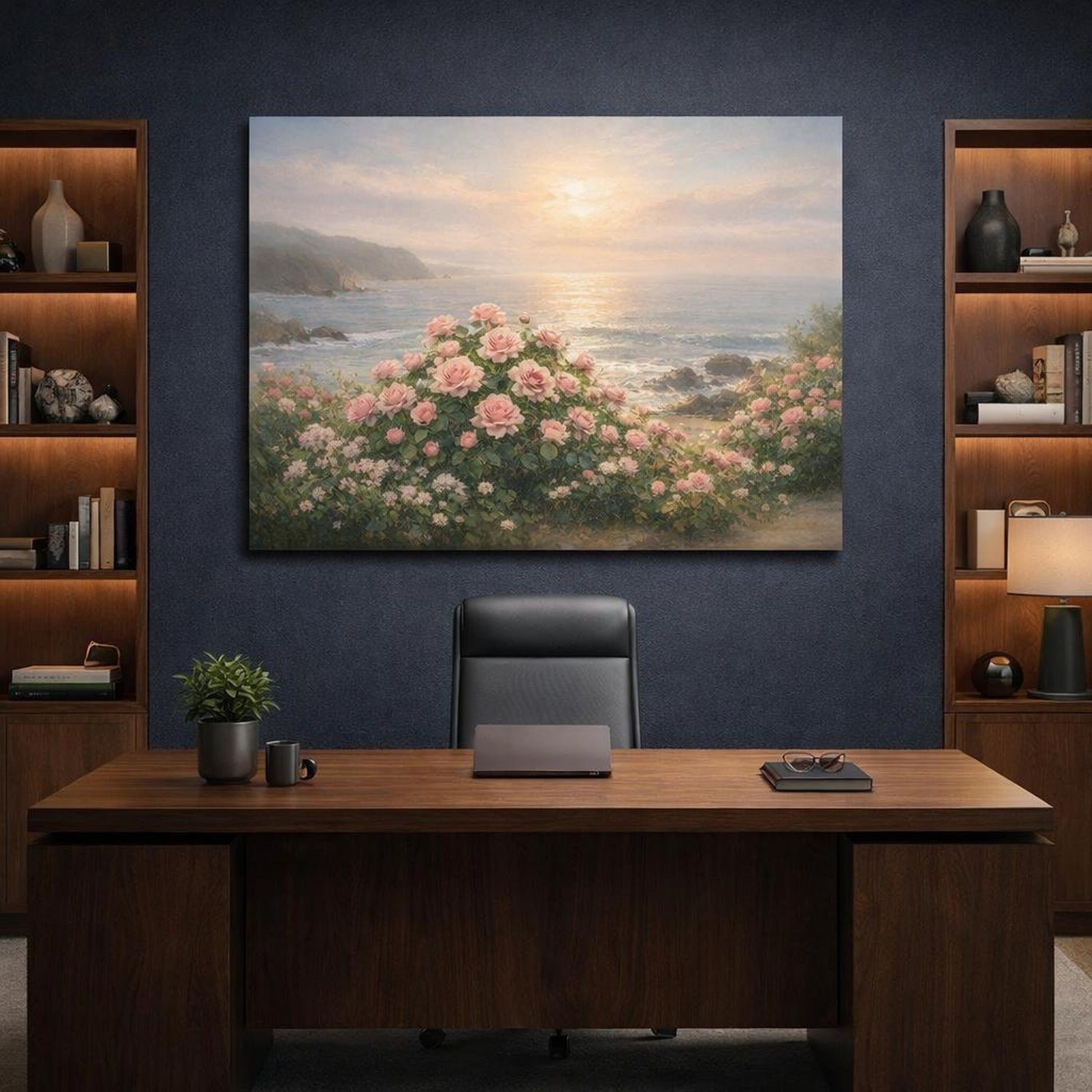 Seascape Rose Garden shown as canvas wall art in a refined dining room