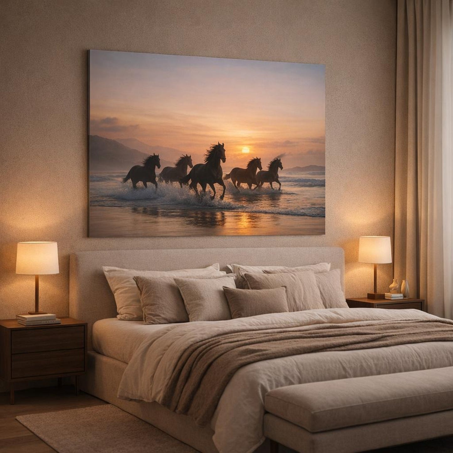 Seascape Running Horses shown as canvas wall art in a luxury bedroom