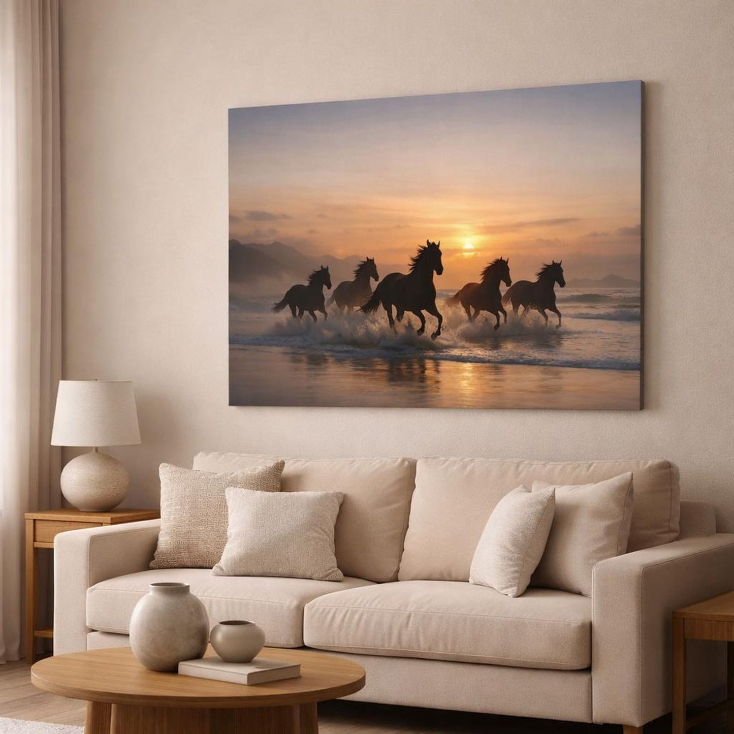 Seascape Running Horses shown as canvas wall art in a modern living room