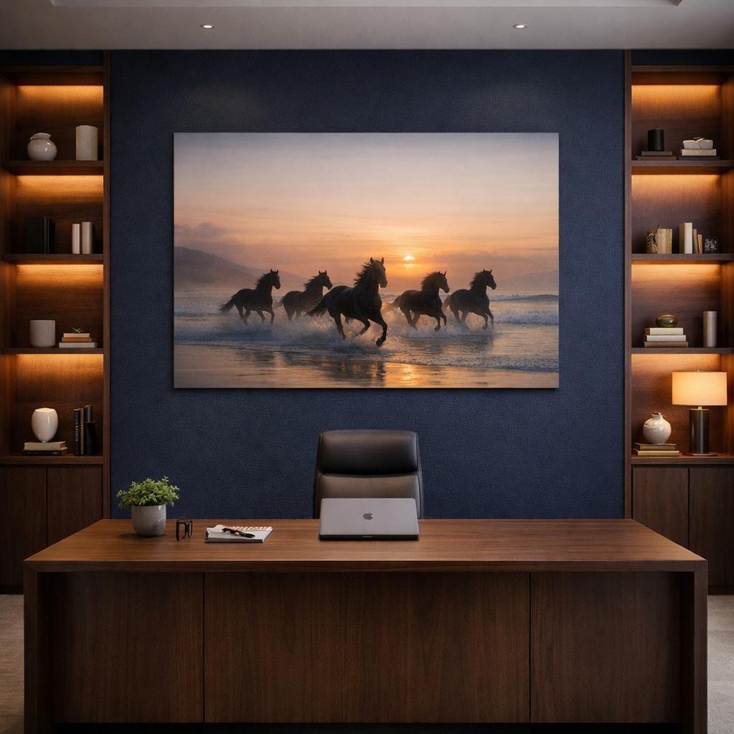 Seascape Running Horses shown as canvas wall art in a refined dining room