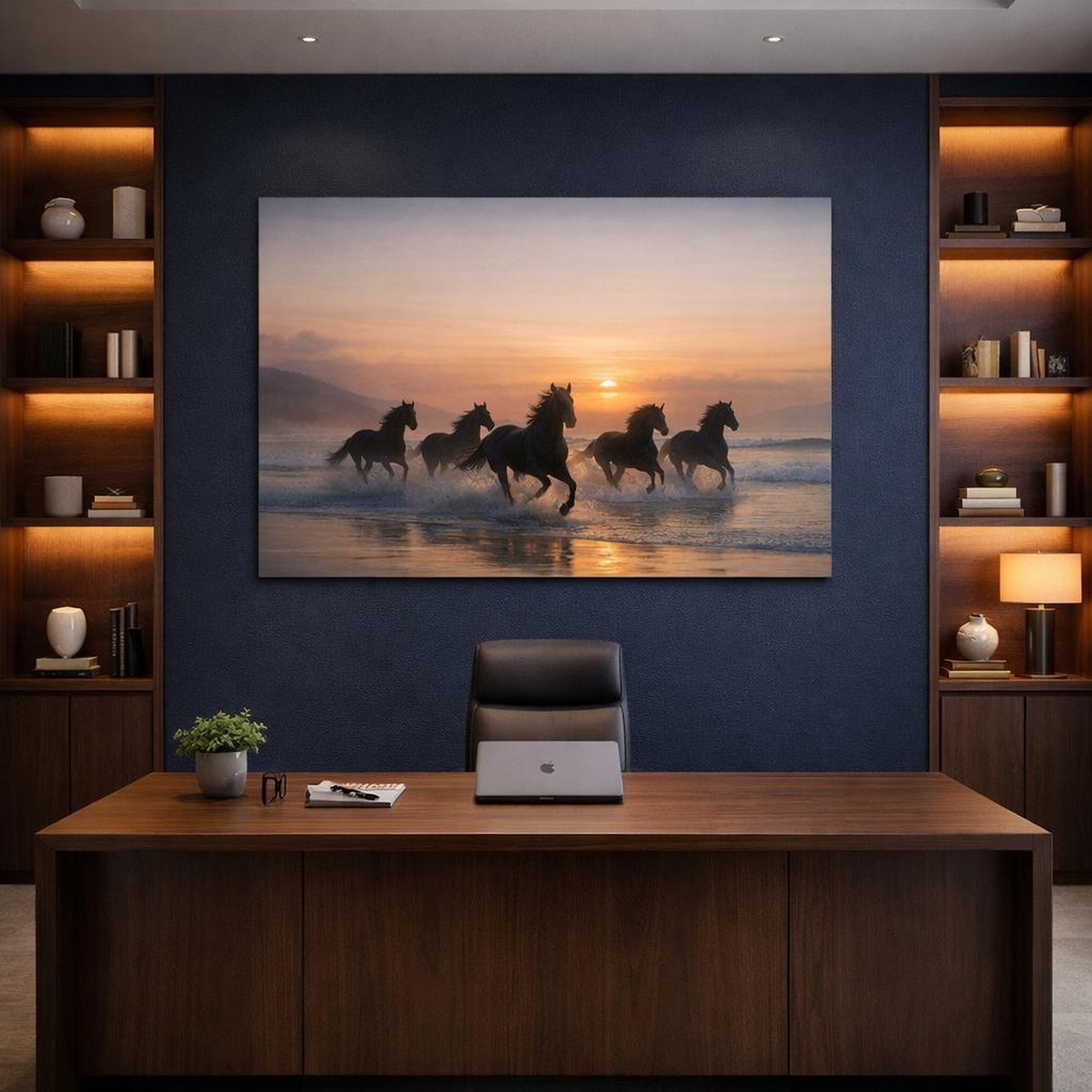 Seascape Running Horses shown as canvas wall art in a refined dining room