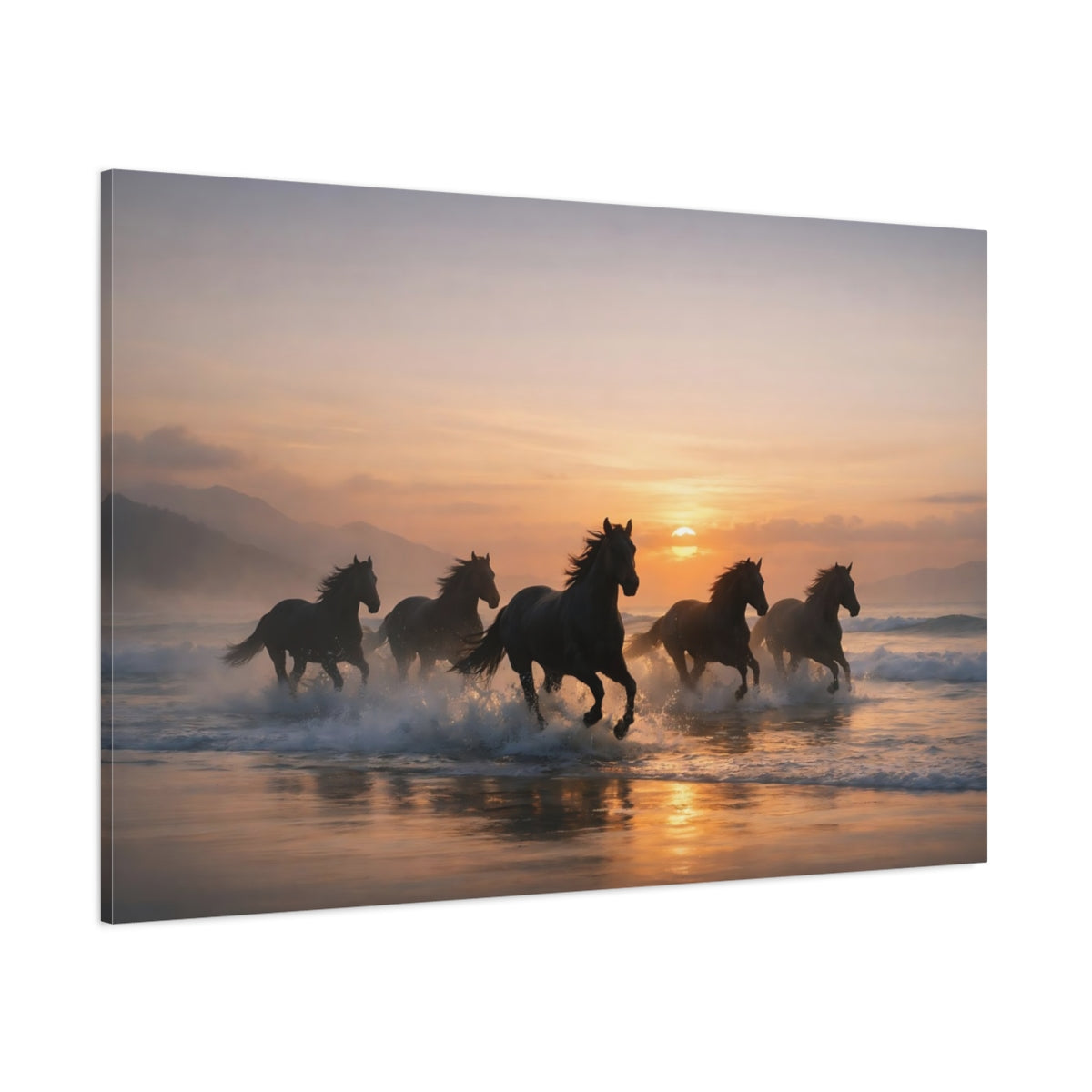 Seascape Running Horses shown as stretched canvas wall art