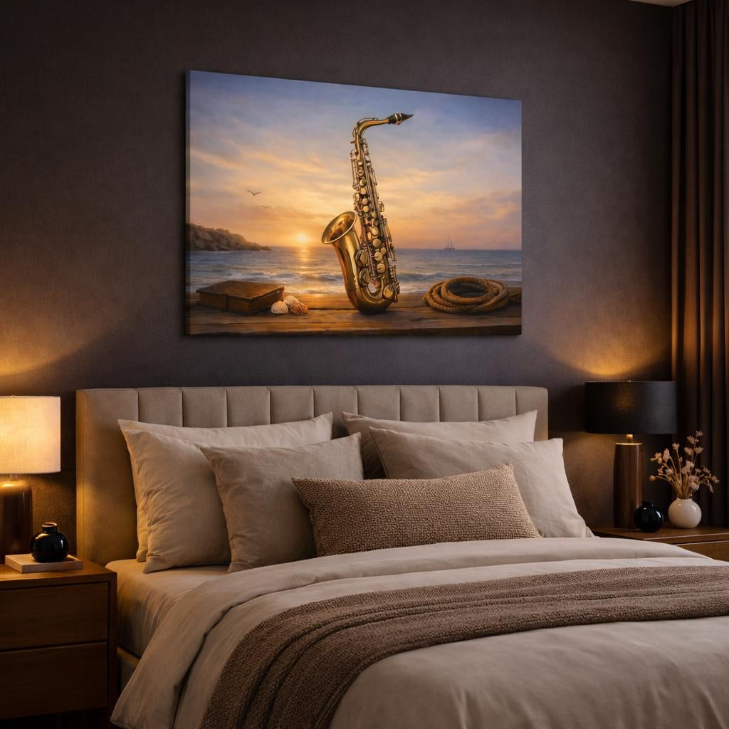 Seascape Saxophone shown as canvas wall art in a luxury bedroom
